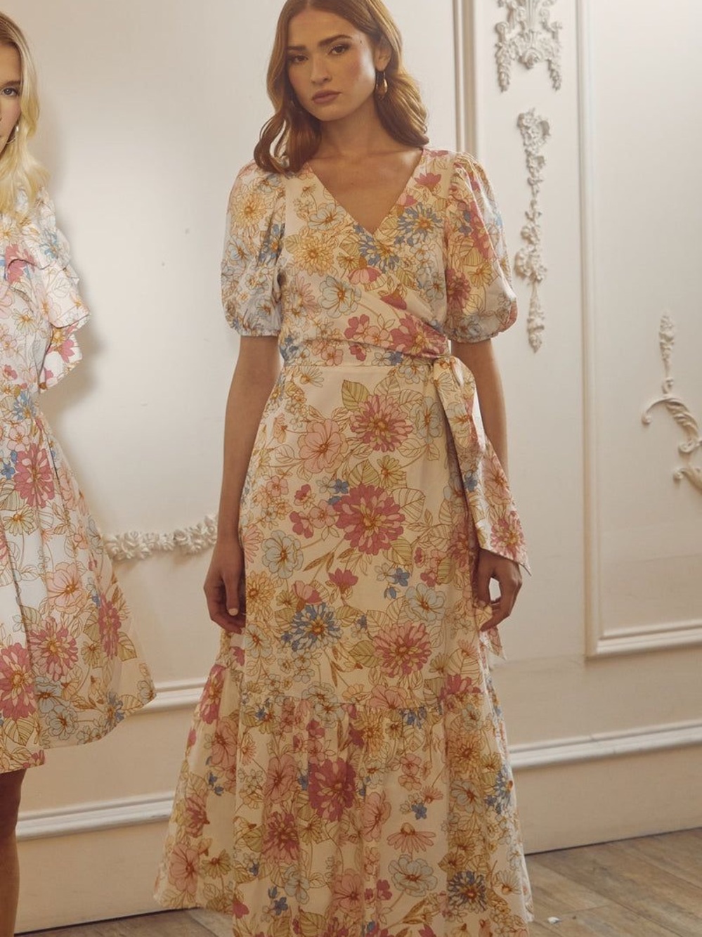 Sugarlips Floral Wrap Maxi Dress in Cream and Pink